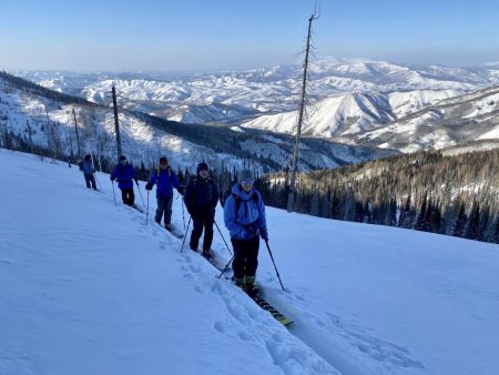 Ski touring in West Altai mountains, Kazakhstan, group of skiers