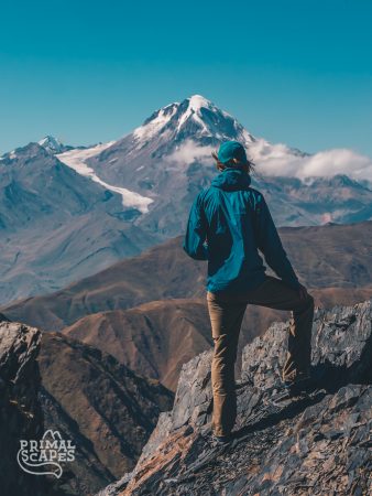 Overlooking Mt. Kazbek with a massive Gergeti glacier, Georgia